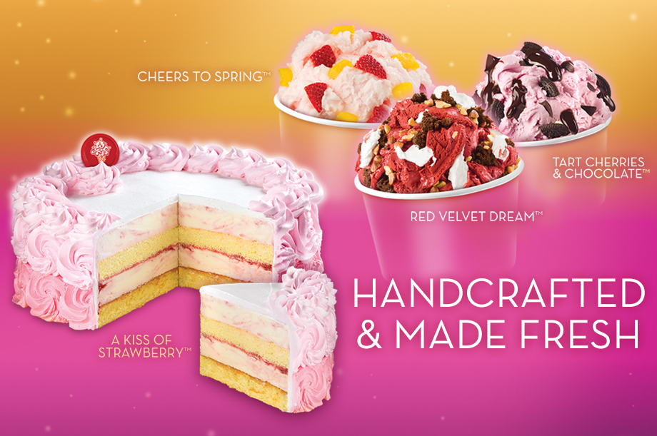 Cheers To Spring Ice Cream, Red Velvet Dream Ice Cream, Tart Cherries & Chocolate Ice Cream, A Kiss Of Strawberry Cake Handcrafted & Made Fresh